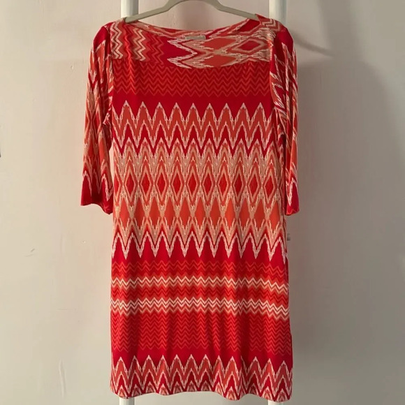 Donna Morgan white/shades of orange ikat print boatneck stretch pullover midi 12 - Picture 1 of 4